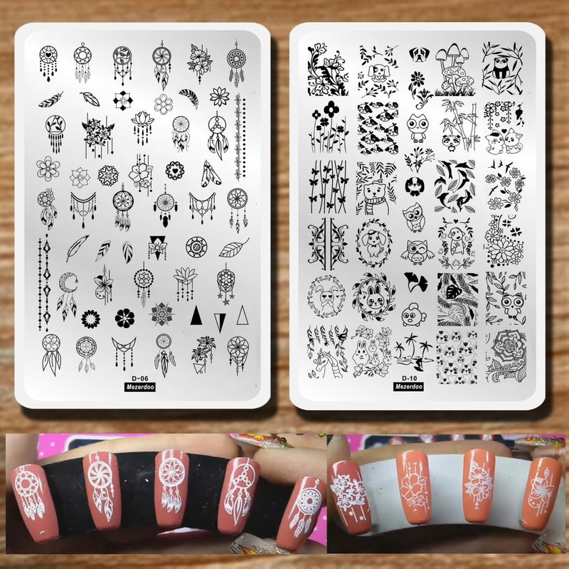 Mezerdoo 2pcs Mix Nail Art Stamp Template Dreamcatcher Feather Pendant Image Nail Stamping Plates Cute Animals Cartoon DIY Designs Manicure Stamper Plate Stencils - Image 1
